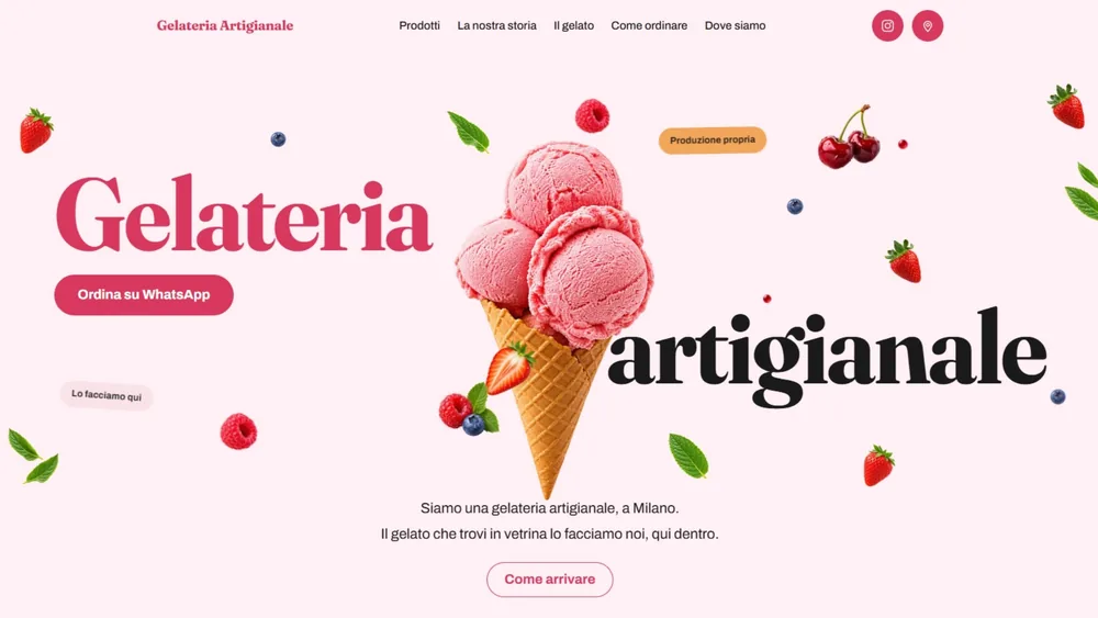 Schermata di apertura del sito Gelateria Artigianale, con cono gelato su fondo rosa